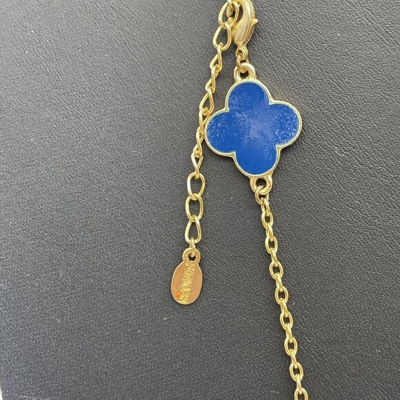 Fornash Blue Enamel Station Four Leaf Flower Chain Necklace Gold Tone 40 Inches - Picture 6 of 6
